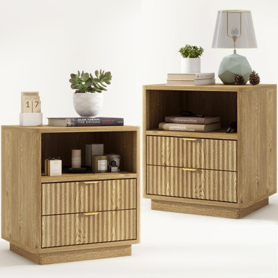 Fluted Nightstands Set Of 2, Brown Nightstands With 2 Drawers And Open Shelves, Modern Wooden Nightstands For Bedroom, Sofa, Or Office, Natural Oak (2-Pack)