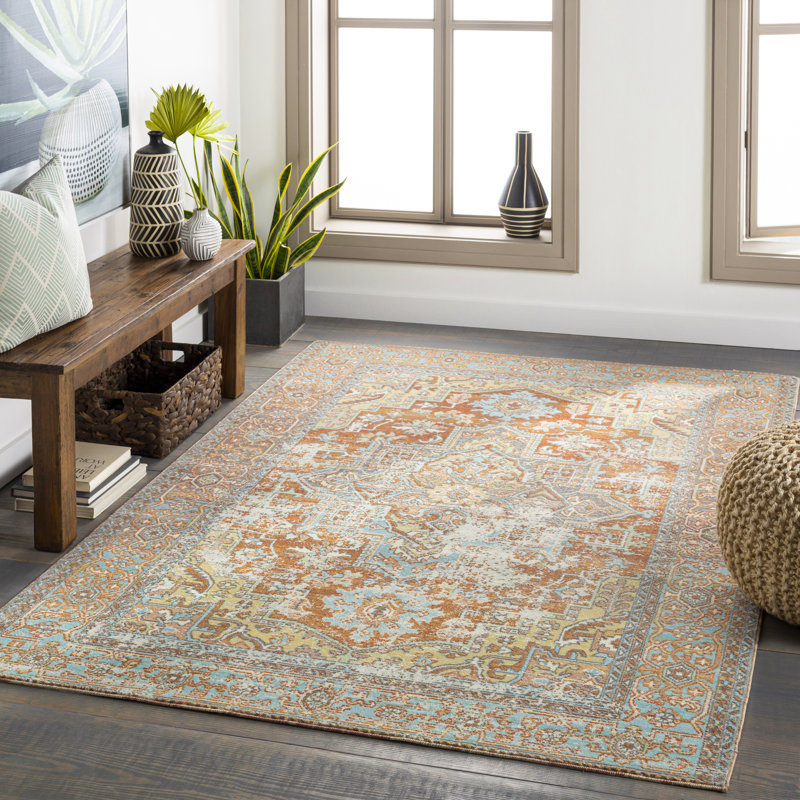 Oriental Rust/Aqua Indoor / Outdoor Area Rug, Rectangle 5'3" x 7'3"