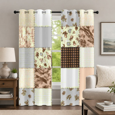 Rideaux en patchwork à imprimé floral (lot de 2), panneaux de fenêtre de style rustique, rideaux à œillets à motif géométrique à carreaux, décoration de fenêtre pour chambre et salon