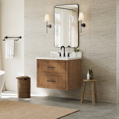 Isola WM 30 Inch Single Wall Mounted Bathroom Vanity in Toasted Walnut, White Quartz Countertop, Undermount Square Sink (3-Hole), Matte Black Trim