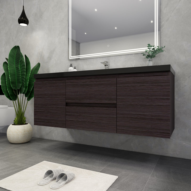 Castin 60" Wall-Mounted Single Bathroom Vanity Set, Dark Gray Oak