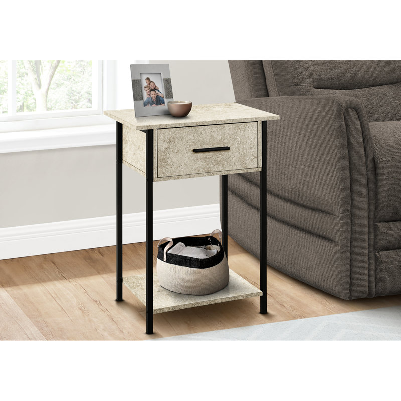 Table d'appoint à 2 niveaux dans la chambre à coucher - stratifié pierre crème et métal noir 24 po avec espace de rangement pour le salon
