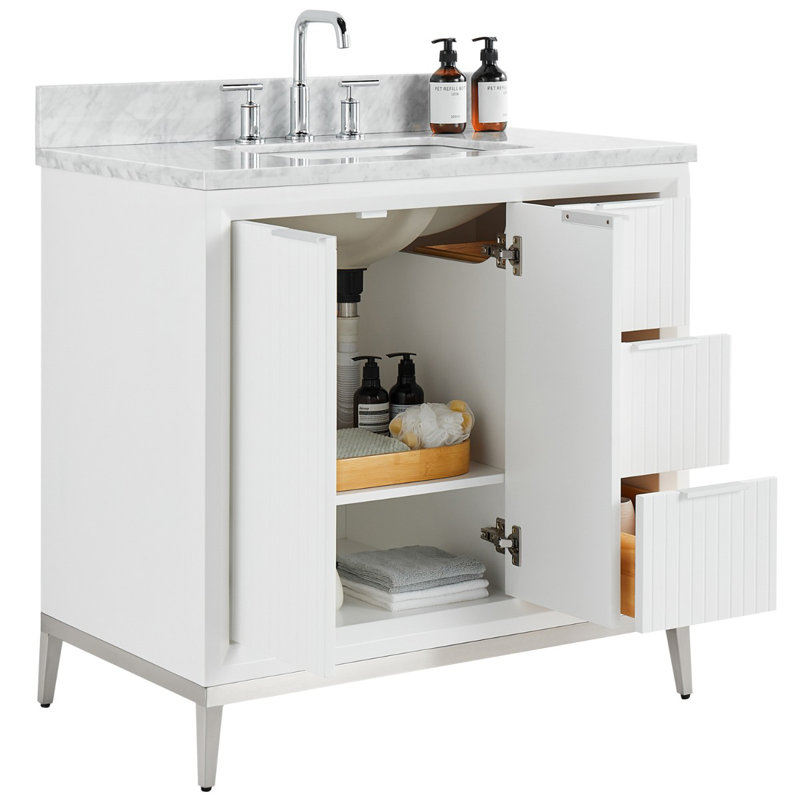 Bungalow 36" Freestanding Standard Single Bathroom Vanity with Top, White/Silver