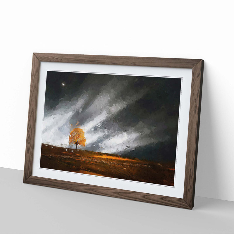 Lone Tree at Dusk in Abstract - Picture Frame Graphic Art Print, 60cm H x 91cm W x 2cm D, Walnut