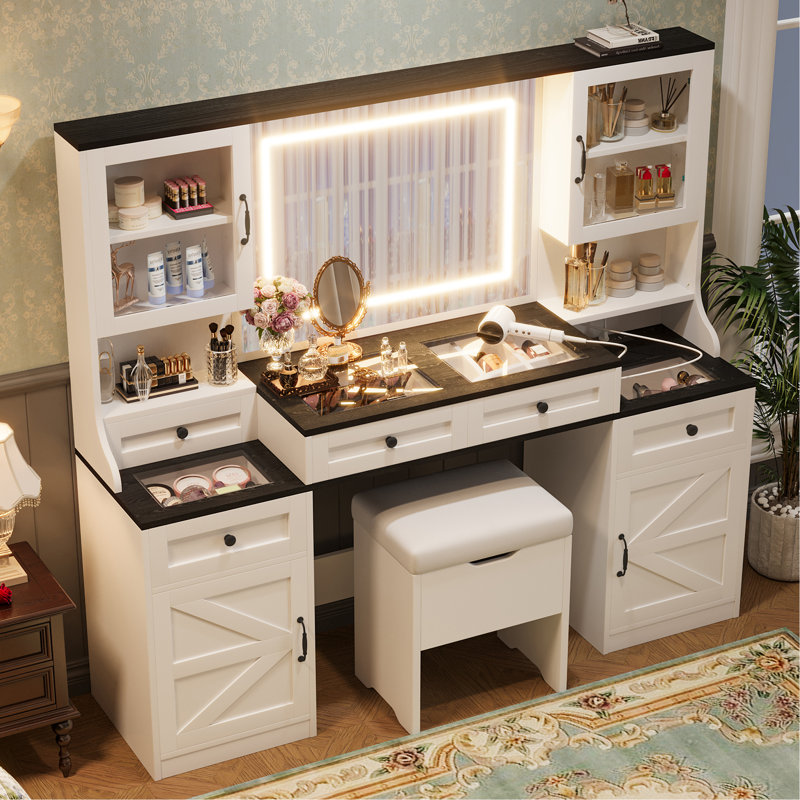 Farmhouse Vanity Desk with Mirror and LED Lights,Cushion Stool