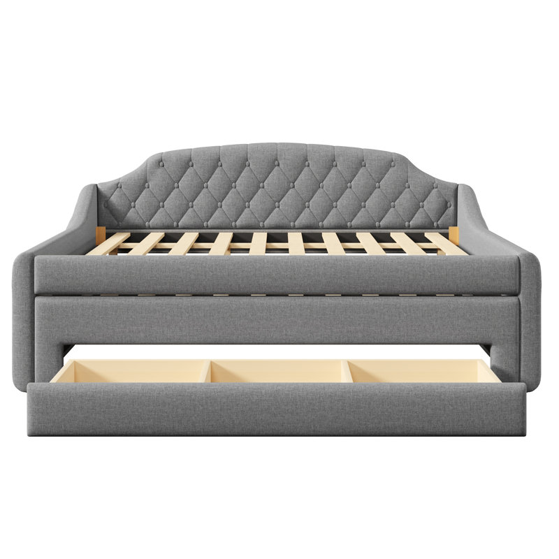Full Size Upholstered Daybed with LED Lighting, Trundle and Three Storage Drawers, Modern Gray Bed, Gray