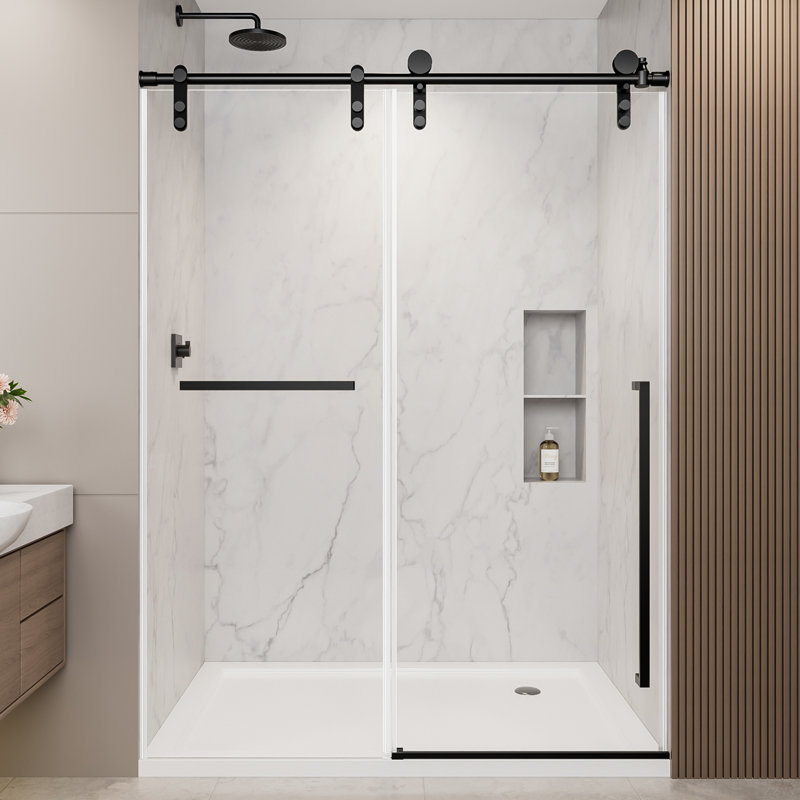 44"-48" W X 76" H Frameless Sliding Shower Door, Chrome Shower Screen, 5/16" (8Mm) Clear Tempered Glass With Explosion-Proof Film