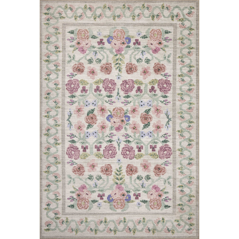 Ivory Floral Synthetic Rectangular Area Rug 3'-9" x 5'-6"