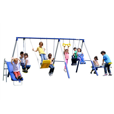 Sportspower Super 9 Metal Swing Set With Teeter Totter, 2 Person Glide Ride Swing, Standing Swing, 2 Person Roman Glider Swing, Trapeze Bar, 1 Blow M