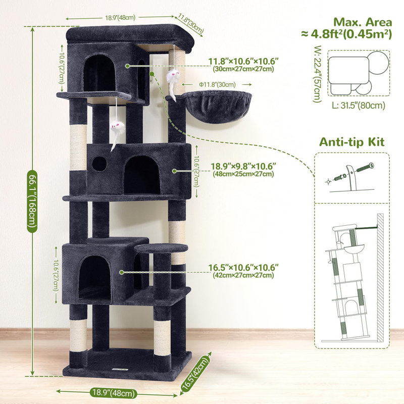 Corner Cat Tree 66 inch Multi-Level Climbing Tower Kitty Condos Cat Scratching Tower for Indoor