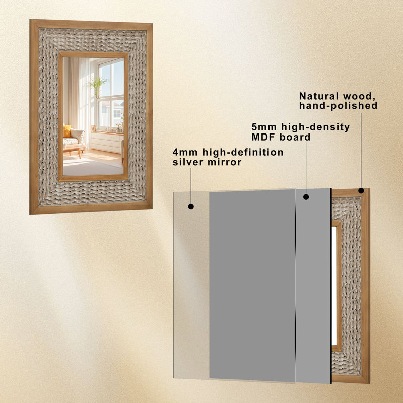 Miroir mural rustique en bois massif, Bois jaune clair