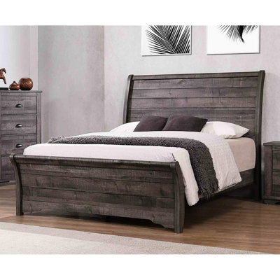 Finition grise, grand lit, style contemporain, lignes horizontales, tête de lit courbée, pieds de support, structure en bois, chambre à coucher, sommier requis