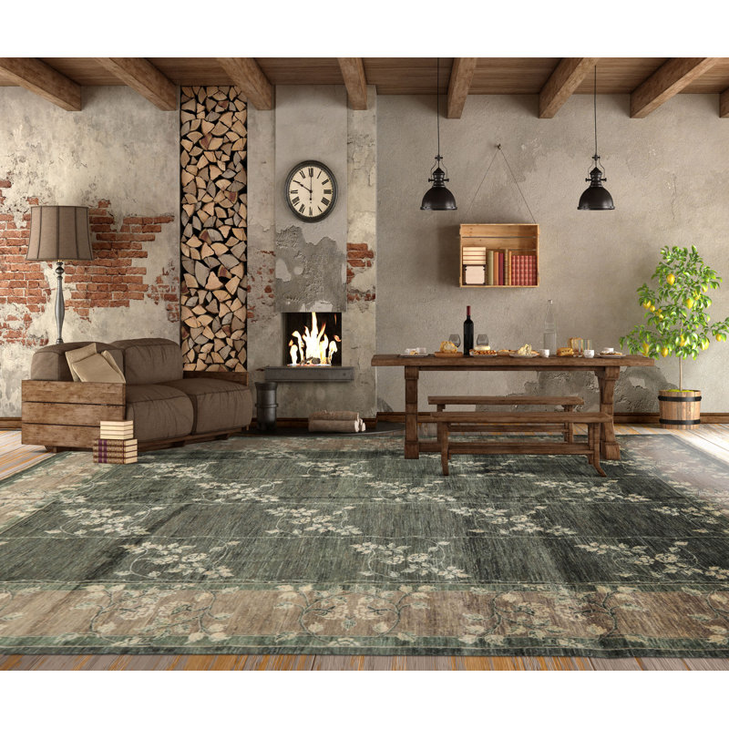 Tapis botanique en laine noué à la main 9 pi 12 po 6 po Celadon Peshawar