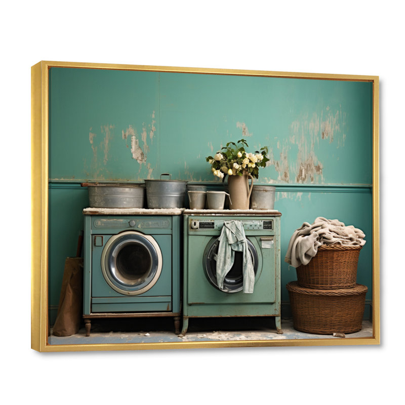 Turquoise Vintage Laundry Room II - impression, H 30 po x l 40 po x P 1,5 po, Cadre flottant doré