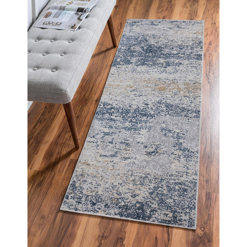 Tapis abstrait bleu / gris Fernon, Tapis de couloir 2 pi 7 po x 5 pi 11 po