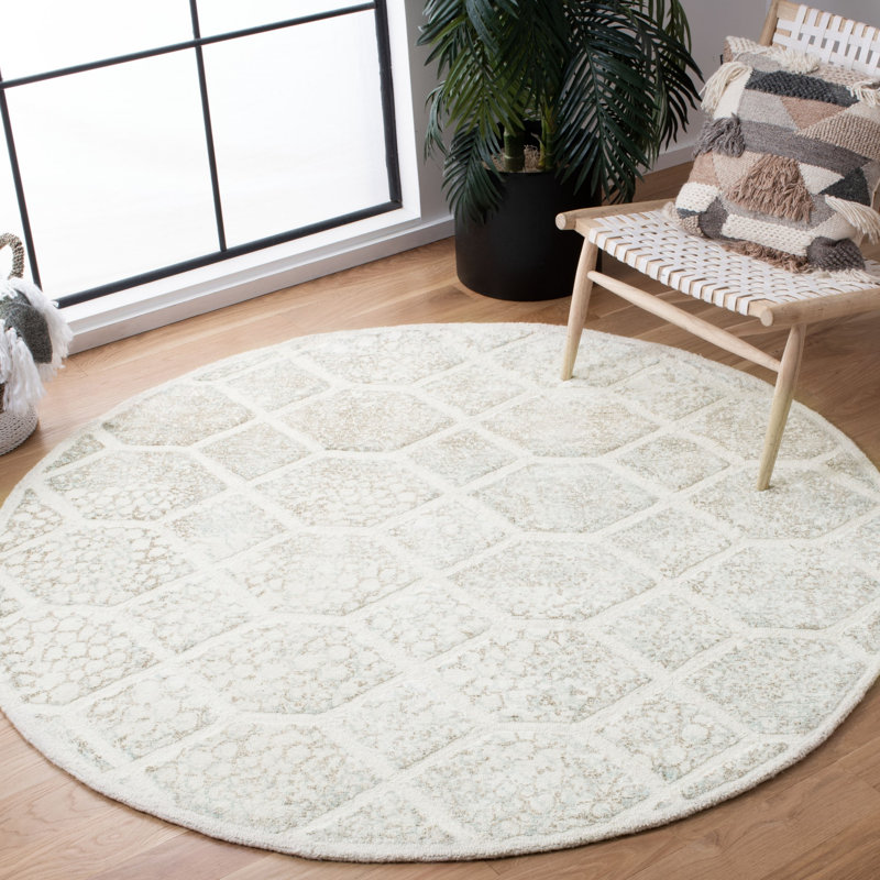 Restoration Vintage Hand Tufted Viscose/Wool Geometric Rug in Ivory, Round 6'