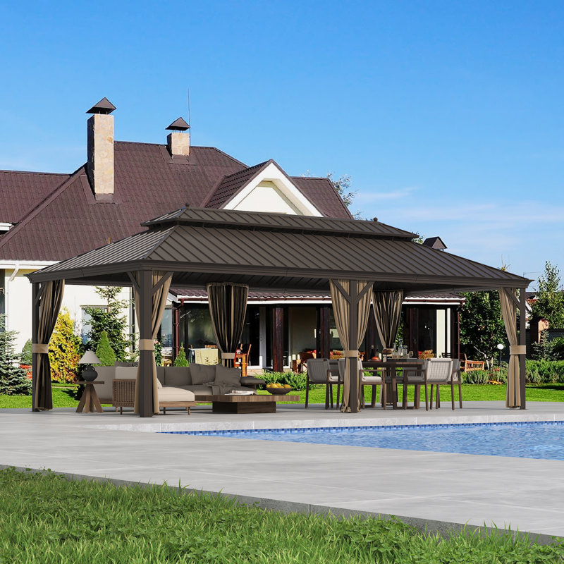  Pavillon de jardin en aluminium 12 po x 24 pi avec toit en acier galvanisé à double aération - comprend moustiquaire et rideaux d'intimité - pour la cour, le jardin, la terrasse et la piscine