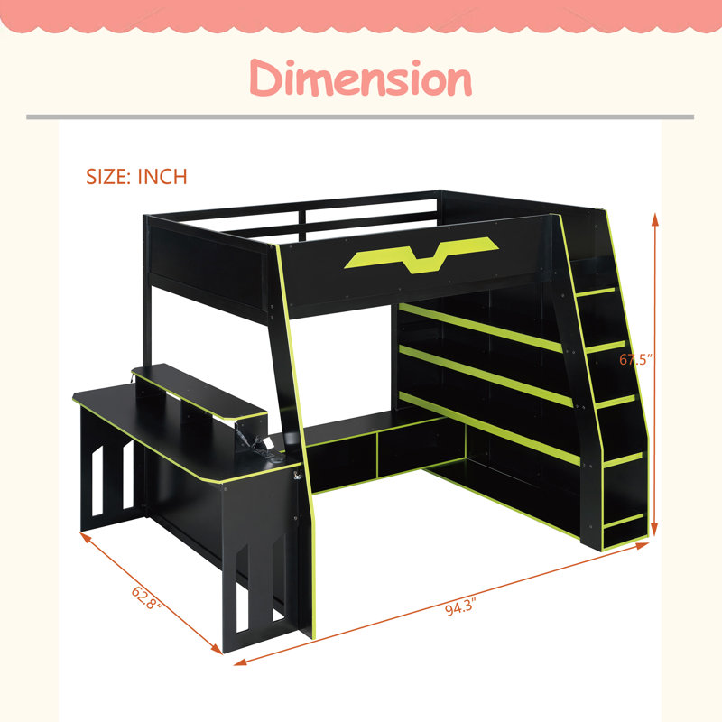 Lit mezzanine double en bois avec bureau, Vert