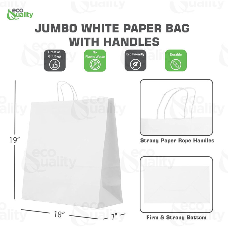 Grands sacs en papier kraft blanc avec poignées 18 x 7 x 19 po Ecoqualité - pour le magasinage, la vente au détail, le déjeuner, l'épicerie et les cadeaux (150)