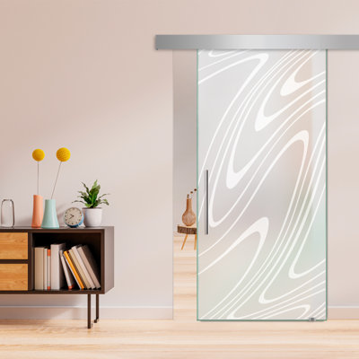 Frameless Glass Sliding Barn Door with Sandblasted Modern Design + Hardware Kit (Full-Private)