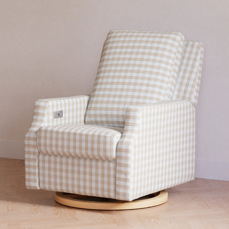 Blue Gingham Velvet Swivel Recliner with Light Wood Base