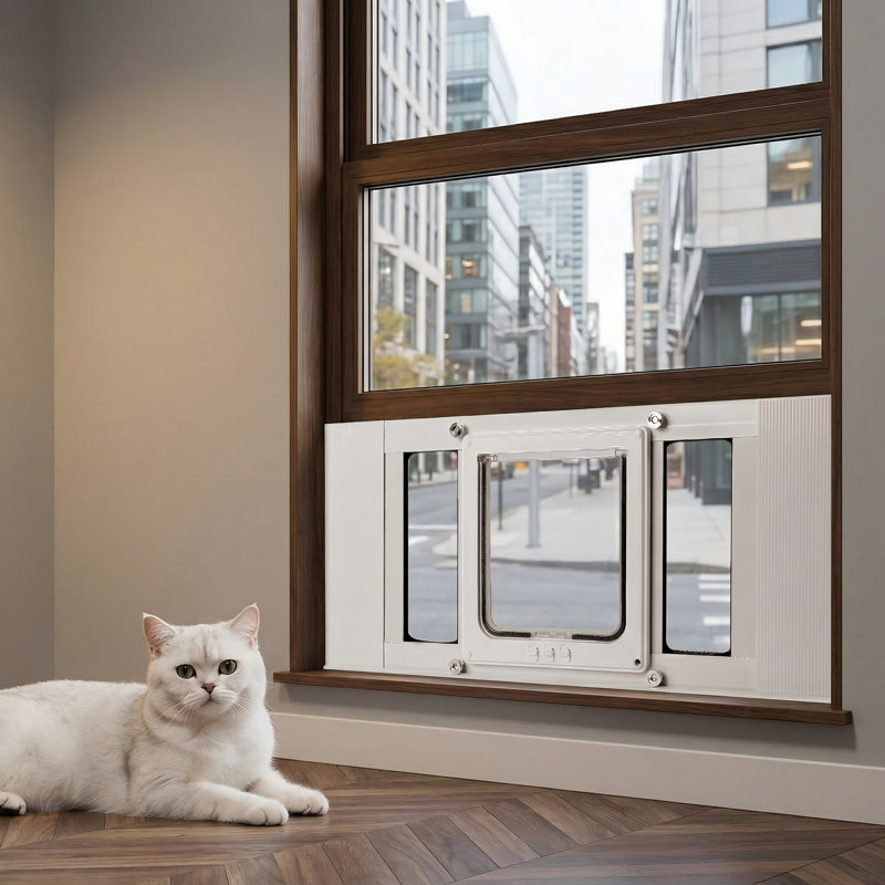 Porte-chat à installation rapide pour fenêtre, sans perçage, convient aux fenêtres de 24 à 28 po de largeur, cadre en aluminium, 4 modes de verrouillage pour le contrôle d'accès des animaux de compagnie
