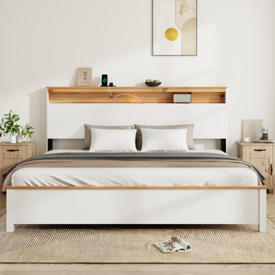  Base de lit grand en bois avec station de charge, tête de lit lumineuse avec rangement, style maison de campagne rustique, blanc antique