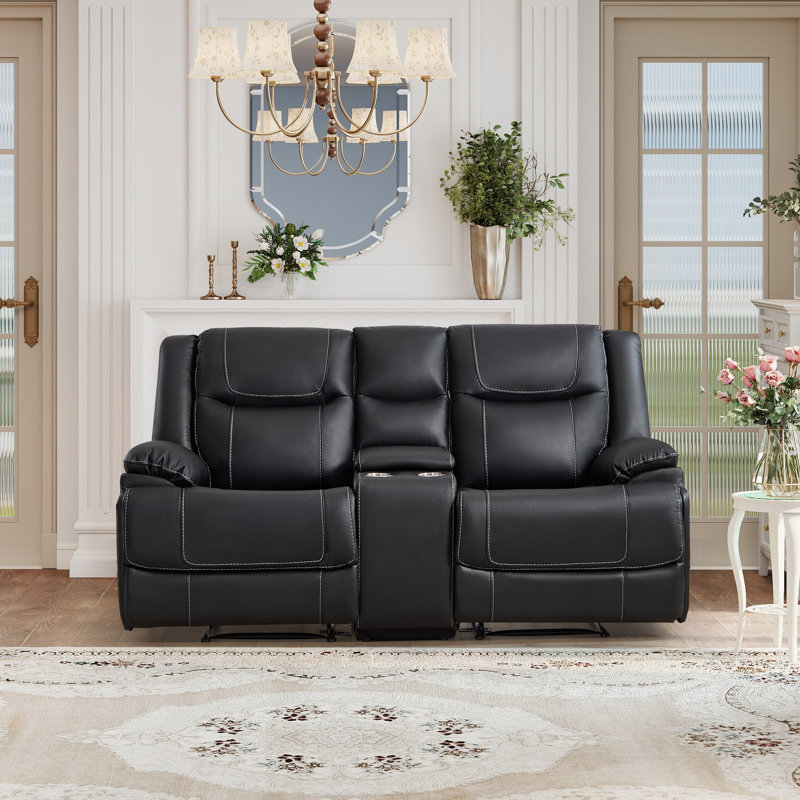 Causeuse inclinable de luxe en cuir véritable de 74 po de largeur avec porte-gobelets et console de rangement, Noir