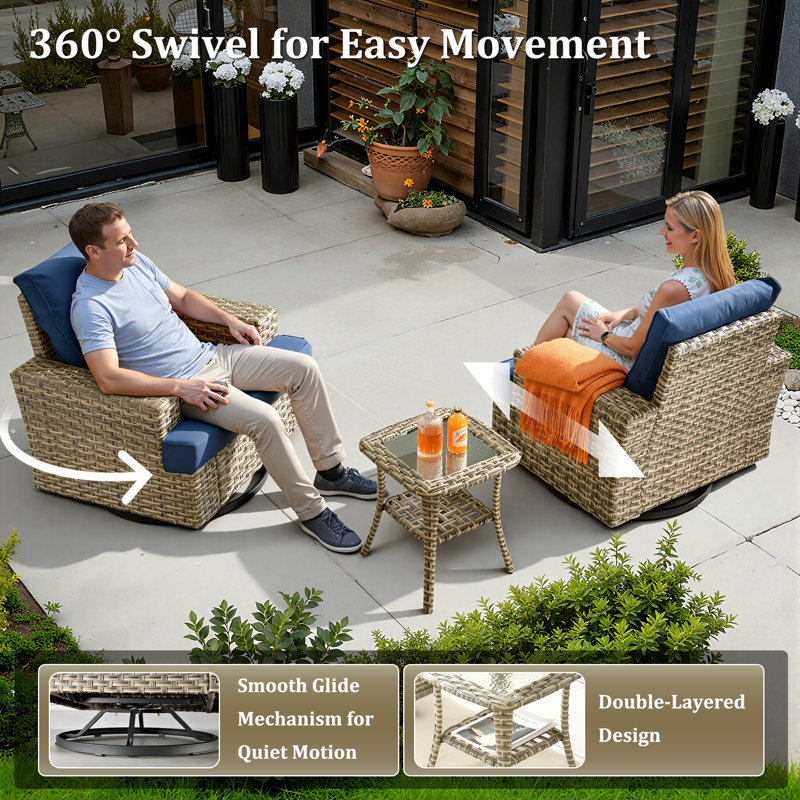 Carolle Outdoor Swivel Rocking Chair Set With Side Table, Wicker Patio Lounge Chair With Cushions & Wide Armrests, Navy