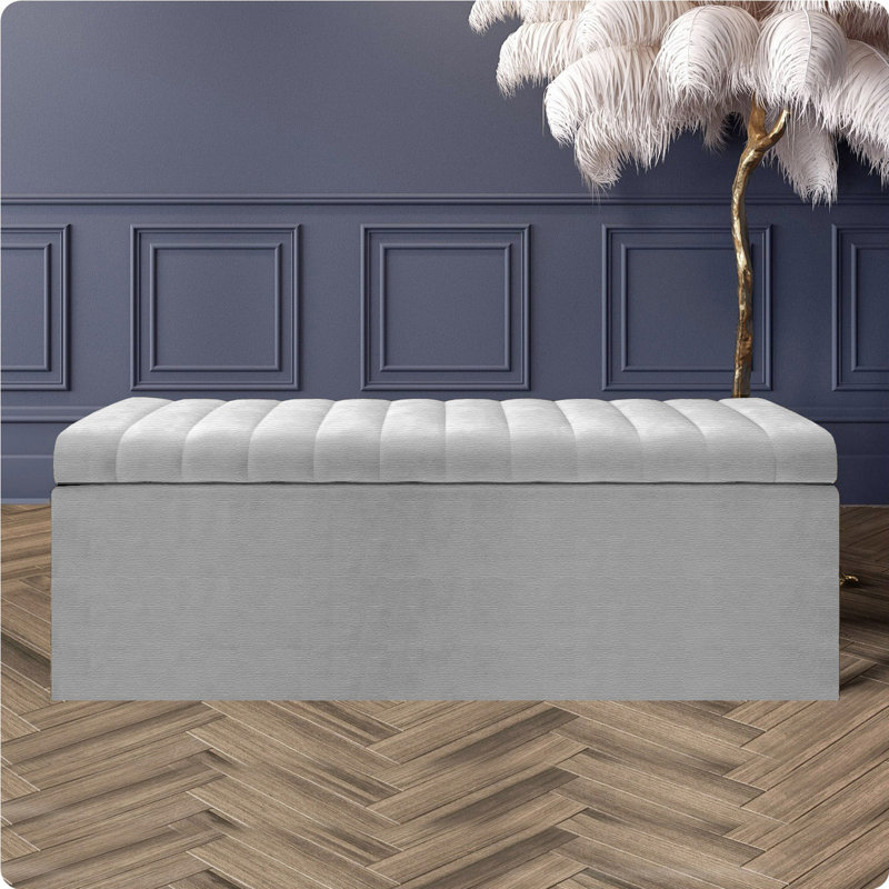 Safar Large Naples Ottoman Storage Box – Multi- Functional Striped Upholstered Blanket Box, 40cm H x 120cm W x 40cm D, Silver