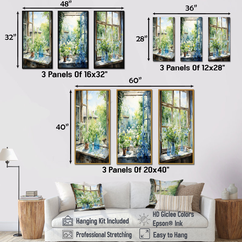 Ensemble de 3 fenêtres vertes et bleues, H 28 po x l 36 po, Cadre flottant blanc