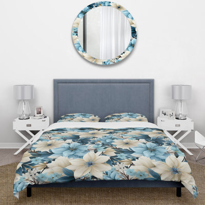 Blue Coastal Harmony Floral Pattern II - Ensemble de housse de couette à motif floral