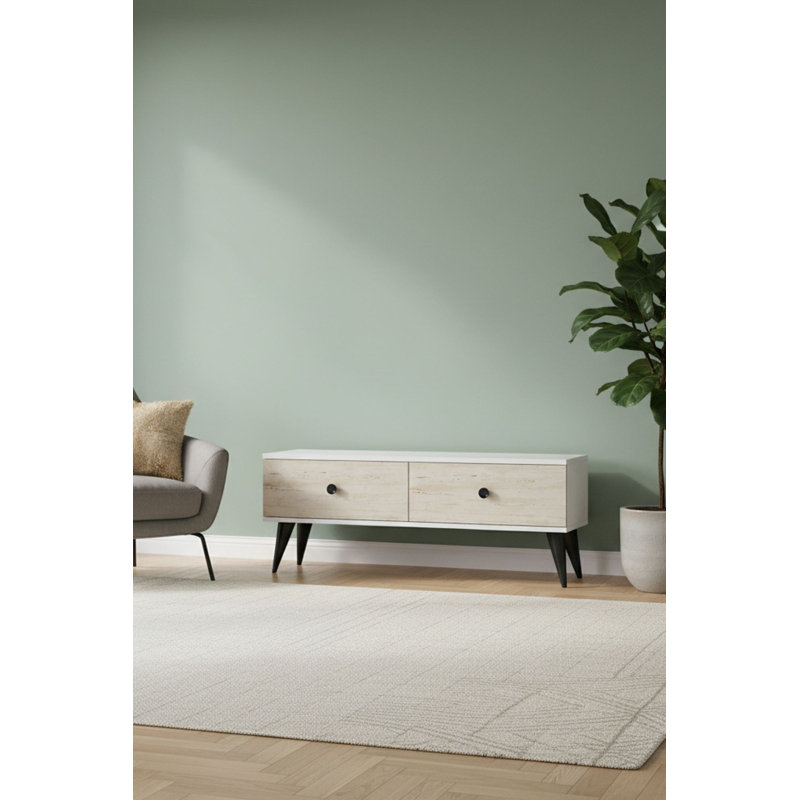 Modern TV Stand with Wall-Mount Option, White & Travertine, 47.2 x 15.9 x 12.6 inches | 100% Melamine Coated Particle Board, Thickness: 0.7 inches | Sleek Scandinavian Design, Perfect for Contemporary Living Rooms