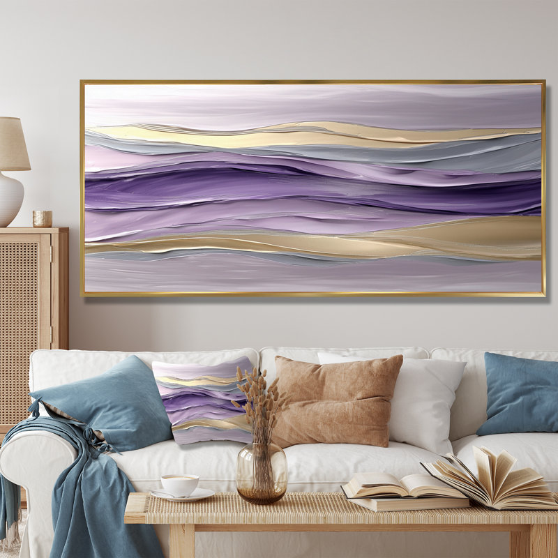 Lavande et pierres Transtitional Horizon II - art mural transitionnel, 28" H x 60" W, Cadre flottant, Doré