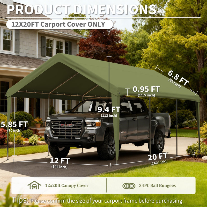 Housse de remplacement pour auvent 12 'X 20', abri de voiture imperméable et protégé contre les rayons UV avec cordes élastiques