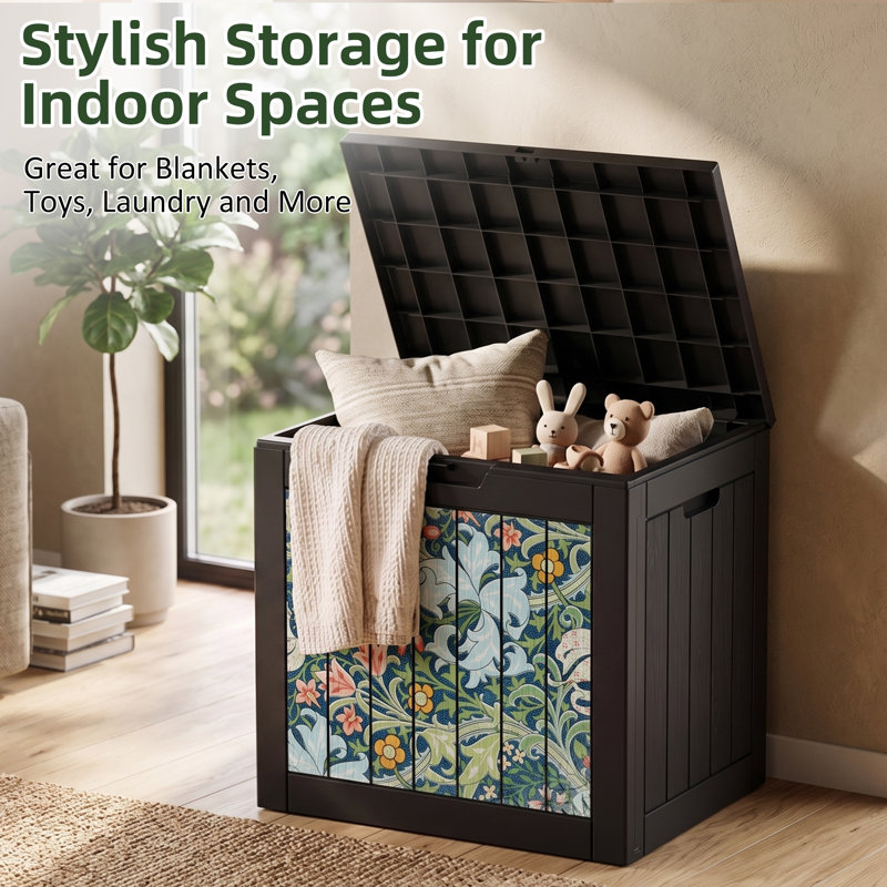 35 Gallon Black Decorative Print Resin Deck Box with Decorative Printed Panels