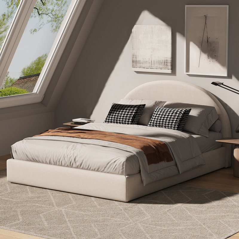Linen Bed Frame With Headboard, Beige, Kingsize (5')