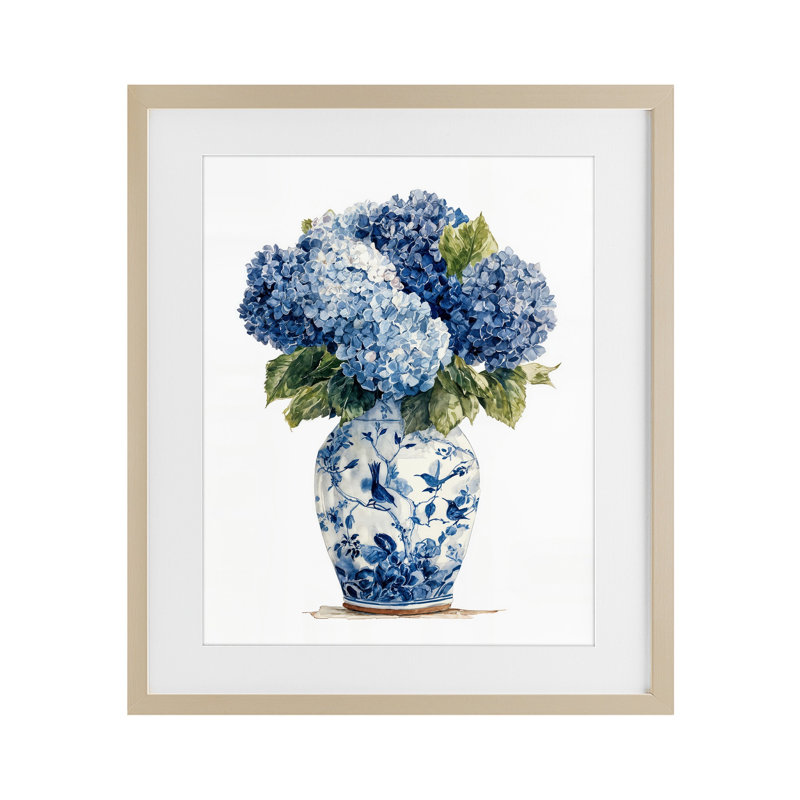 Hortensias bleus en porcelaine, reproduction sous verre, conception par Imagine It Images, H 16 po x l 13 po