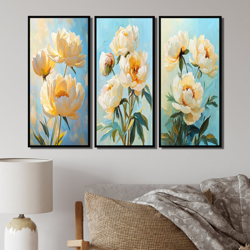 Vintage Cream Sunlit Peonies I - Peonies Large Wall Art Collection, Floater Framed Print, 28" H x 36" W, Black