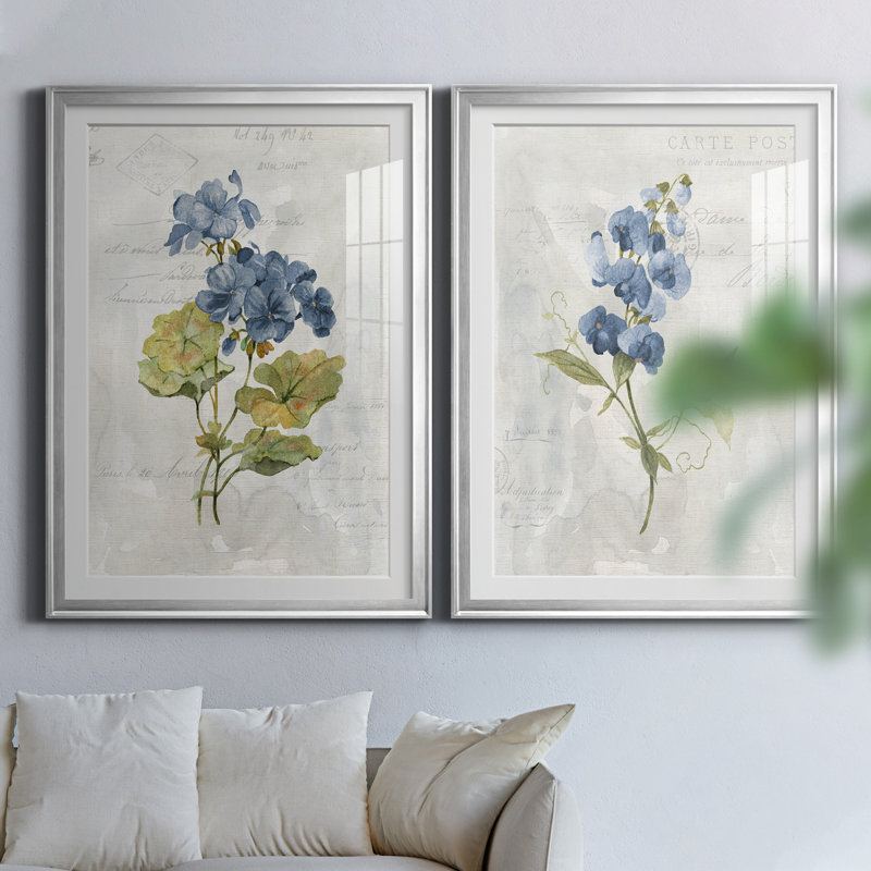Lin bleu géranium - ensemble de 2 reproductions d'art, H 26,5 po x l 73 po x P 1,5 po, Papier avec cadre argenté, Blanc