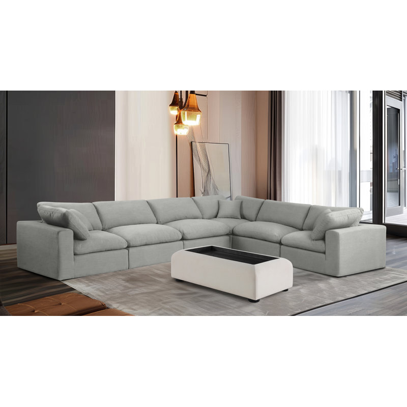 Canapé modulaire 6 pièces rembourré, Tissu gris texturé en lin