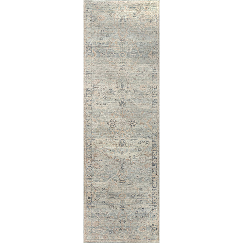 Hand Knotted Wool Oriental Area Rug in Light Gray/Ivory/Green/Light Blue, Runner 2'6" x 8'