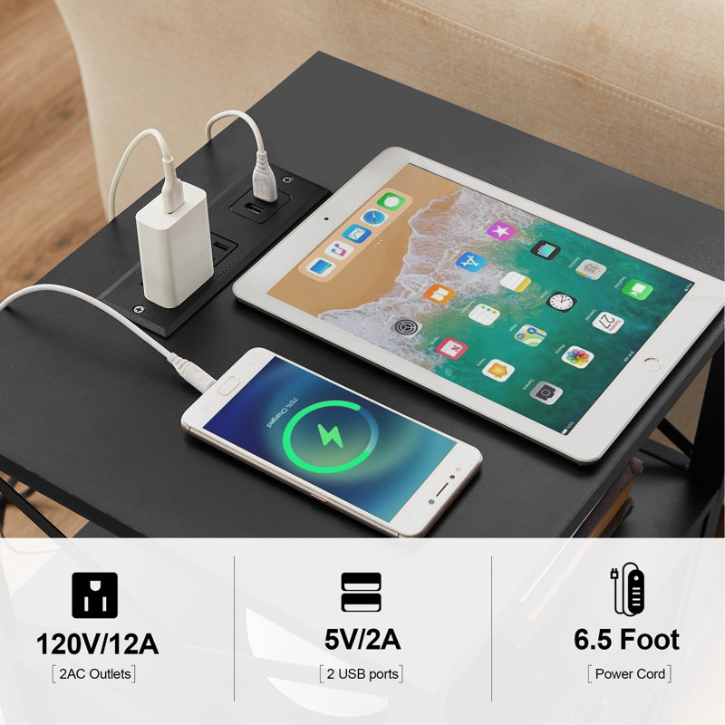 Shept 2 - Drawer End Table Set and Built-In Outlets, Black