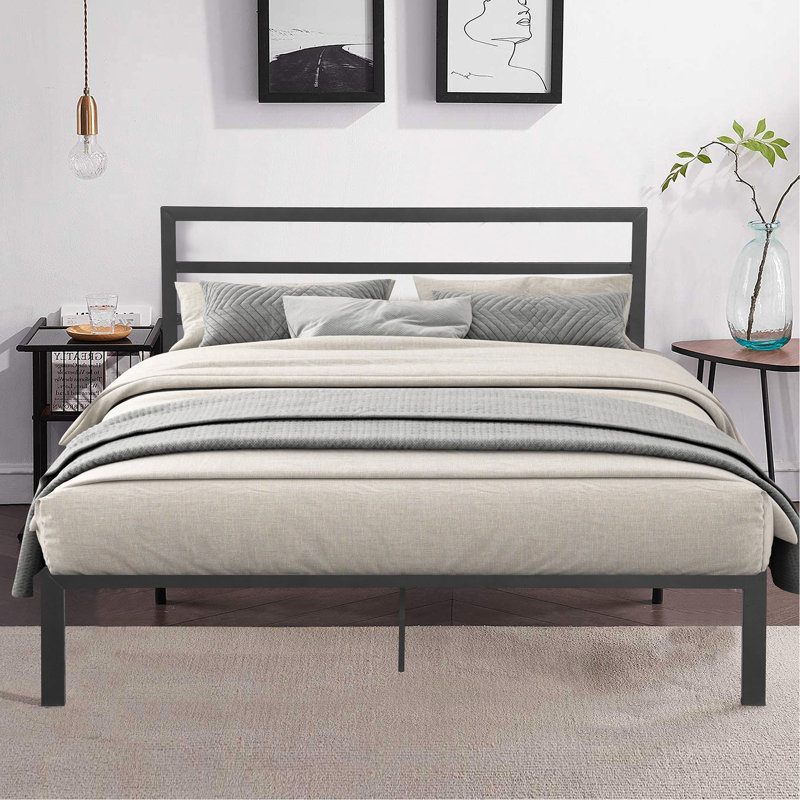 Charcoal Grey Metal Queen Bed Frame With Headboard - And , Silent Stable, Easy To Assemble, Under Storage Included, No Box Spring Needed For Any Mattress Type, 600 Lbs Weight Bearing Capacity Size In
