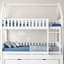 Lit superposé simple au-dessus de simple avec garde-corps, lit gigogne et 3 tiroirs de rangement, cadre de lit superposé en bois massif blanc pour enfants avec échelle pour la chambre à coucher