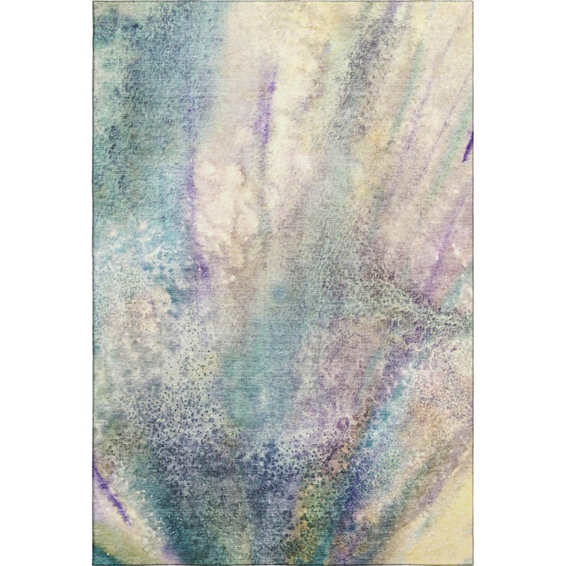 3' X 5' Blue Purple And Ivory Abstract Washable Area Rug With UV Protection