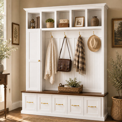 Lisson 78.7" H Hall Tree with Bench, Coat Hooks, Open Cubbies and Storage Drawers