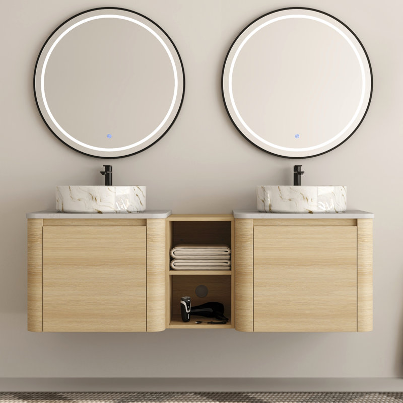 Ensemble de meuble-lavabo double 60 po avec plateau en pierre reconstituée Eaton, 60", Blanc / Doré