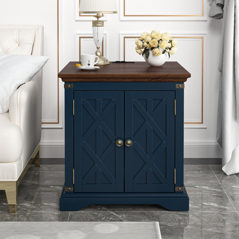 Taejuan End Table and Built-In Outlets, Navy, Brown