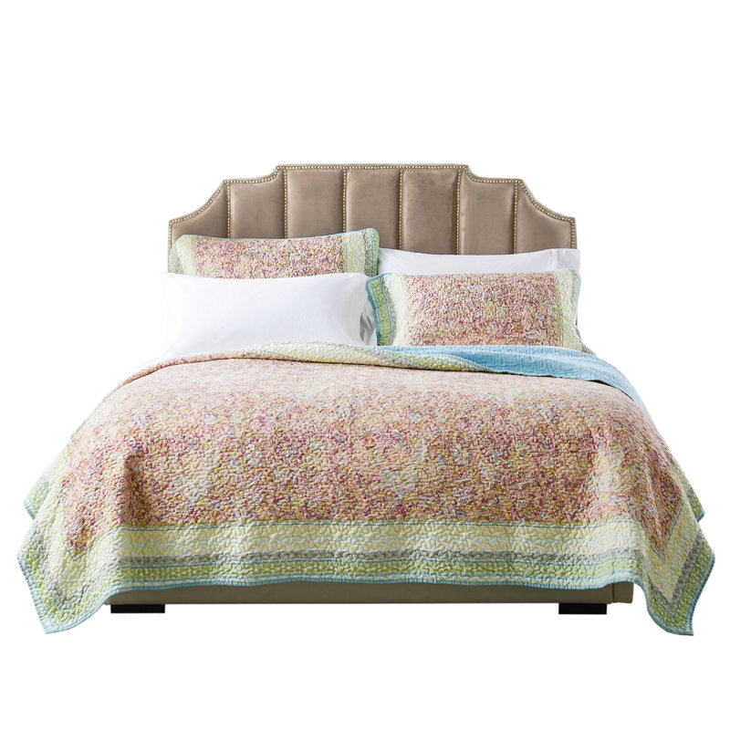 King Size Blue and Multicolor Microfiber Reversible Quilt Set